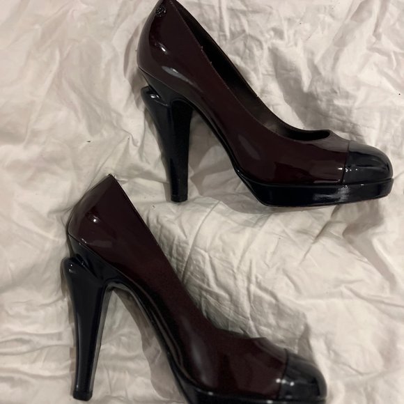 Chanel Burgundy Patent Leather With Navy Cap Toe Cut Out Heels - Picture 4 of 13
